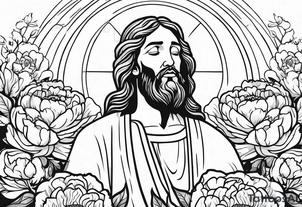 Jesus Christ praying in a peony garden and healed a blind man tattoo idea