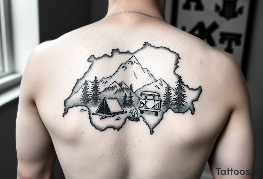 Simplistic, black and white tattoo, the whole tattoo must be completely inside the contour of the Switzerland map. A little camping tent on a side, a VW Caddy on the side, a little fire, in the woods, surrounded by alps and a couple pine trees. Arm tattoo tattoo idea