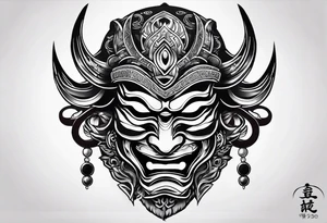 hanya mask on the shoulder, mask from ghost of Tsushima, hanya mask with three eyes, mask symbol of freedom and calmness tattoo idea