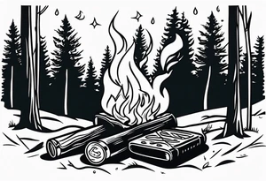 American traditional tattoo of campfire in the woods with a coke can and whiskey tattoo idea