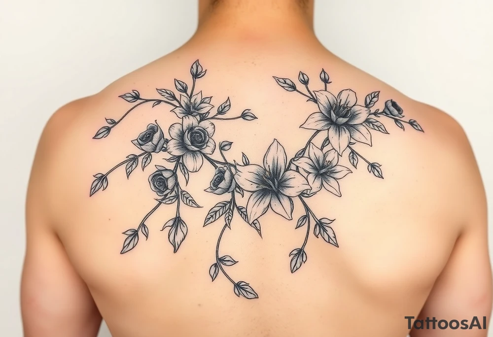 Orchard vines with roses and lilies tattoo idea