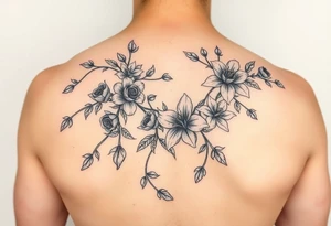 Orchard vines with roses and lilies tattoo idea