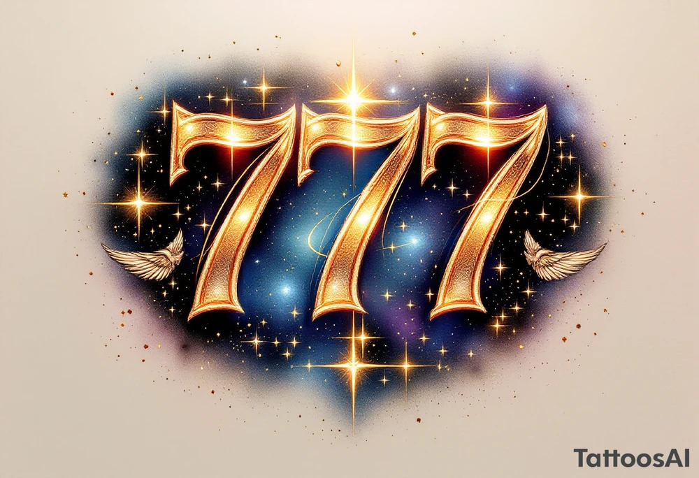 A bold, glowing "777" in a sleek, modern font, radiating with gold and silver light. The numbers are surrounded by celestial elements like tiny twinkling stars, a faint halo, and soft angelic wings, symbolizing divine guidance and good fortune. A subtle gradient of blue and purple hues in the background gives it a mystical aura, while thin golden filigree wraps around the numbers, adding an elegant and timeless touch. This tattoo embodies luck, spiritual awakening, and universal alignment, making it a powerful symbol of destiny and fortune. tattoo idea