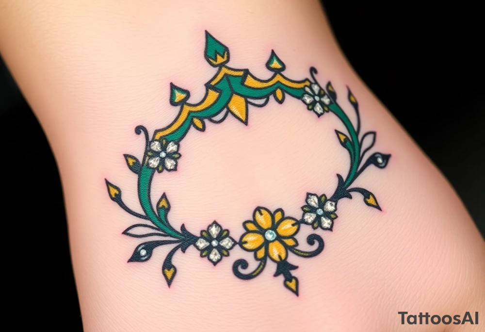 A crown made of intertwined vines with diamond flowers scattered throughout, rendered in green and gold with diamond-like sparkles in white and pale blue. tattoo idea