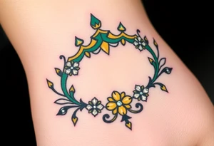 A crown made of intertwined vines with diamond flowers scattered throughout, rendered in green and gold with diamond-like sparkles in white and pale blue. tattoo idea