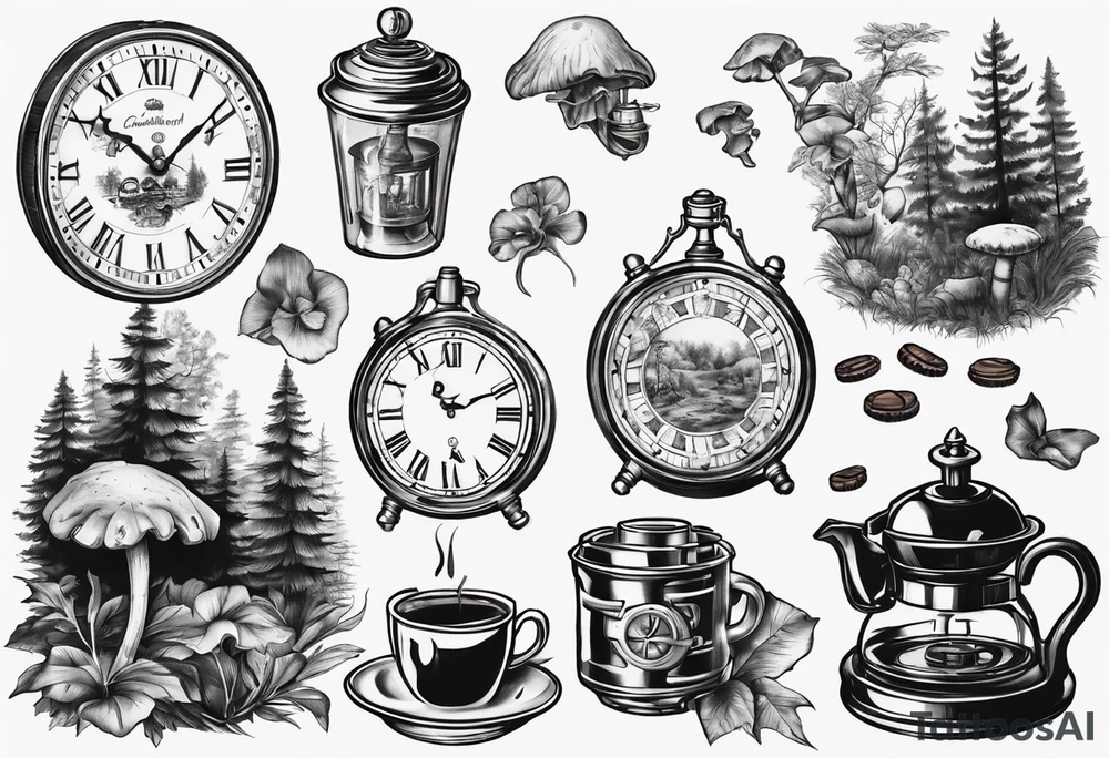 a mounting landscape
an antique clock with the time at 9:44pm
a cinema film
a deck of poker cards
boletus in the forest
Grandma's walking stick
An Italian coffee maker tattoo idea