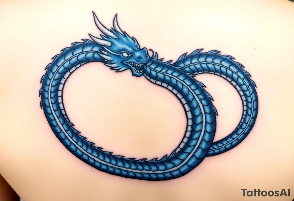 The design features a dragon, coiled in the shape of the infinity symbol (sideways number "8"). The dragon is depicted eating its own tail, symbolizing eternity and continuity, inspired by the Ouroboros.

Details:

The dragon's body has vibrant, glossy blue scales, with a smooth and polished texture.
It maintains a clean, balanced shape in the infinity figure, with sharp details and elegant flow.
Style:

The focus remains on the dragon's form, with no additional background elements to keep the design minimal and modern. tattoo idea