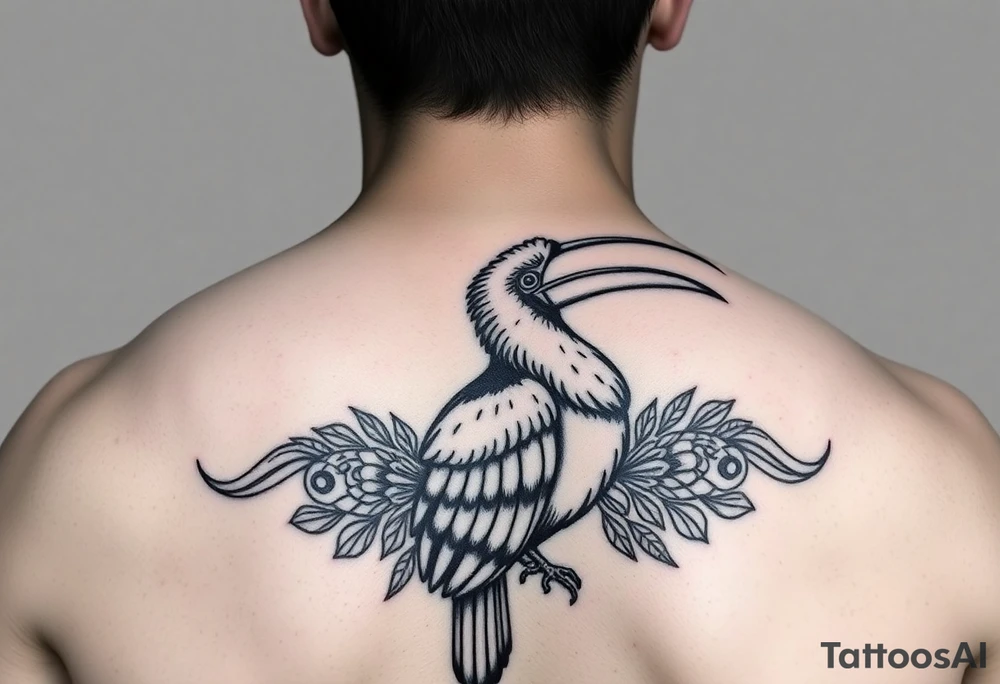 image of a Kalimantan ivory-horned hornbill with a Dayak motif woven background tattoo idea