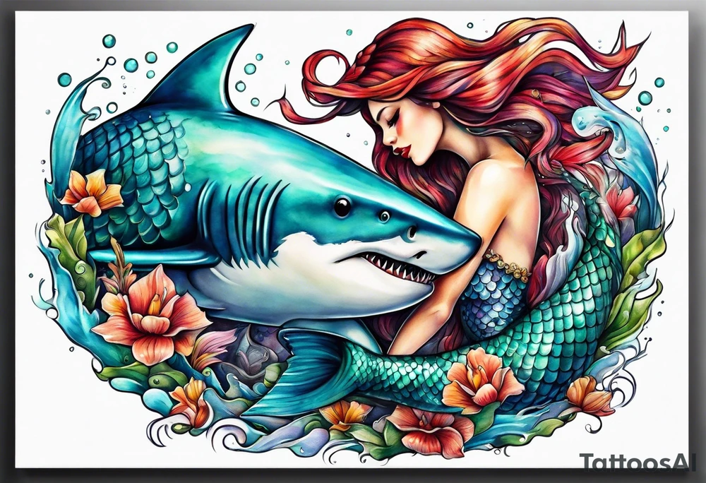 Mermaid kissing a shark tattoo idea