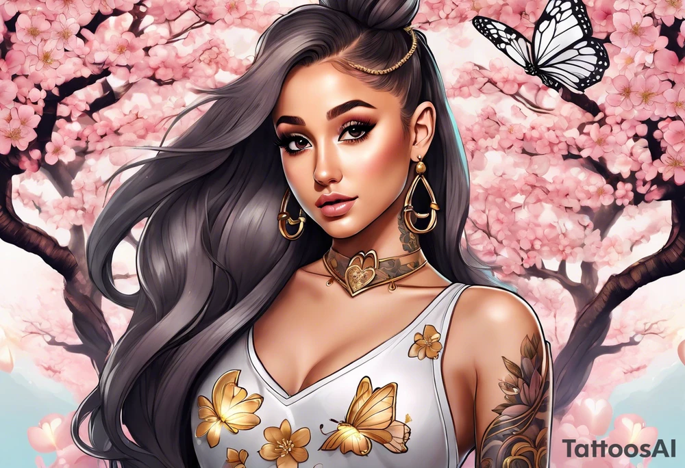 Ariana Grande surrounded in a golden aura with cherry blossoms and white butterflies with a key that unlocks a heart tattoo idea