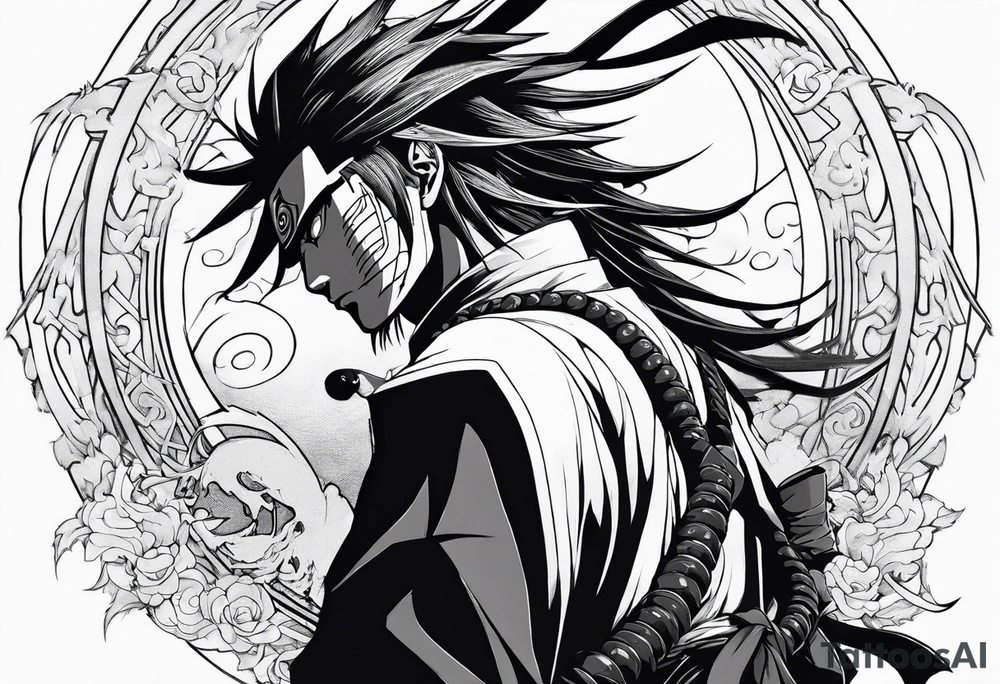 A Shinigame (reference - Shinigami from Naruto series) from the side, heading towards the upside. He should  hold beads in hands and tanto in his motuh tattoo idea