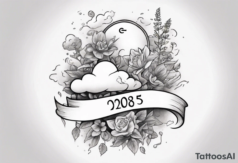 a forearm tattoo with a cloud with little plants and underneath it the date 12.08.05 tattoo idea