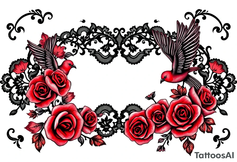 Vintage black lace, red roses, red birds, vintage, wrap around, tighter together, no space open tattoo idea