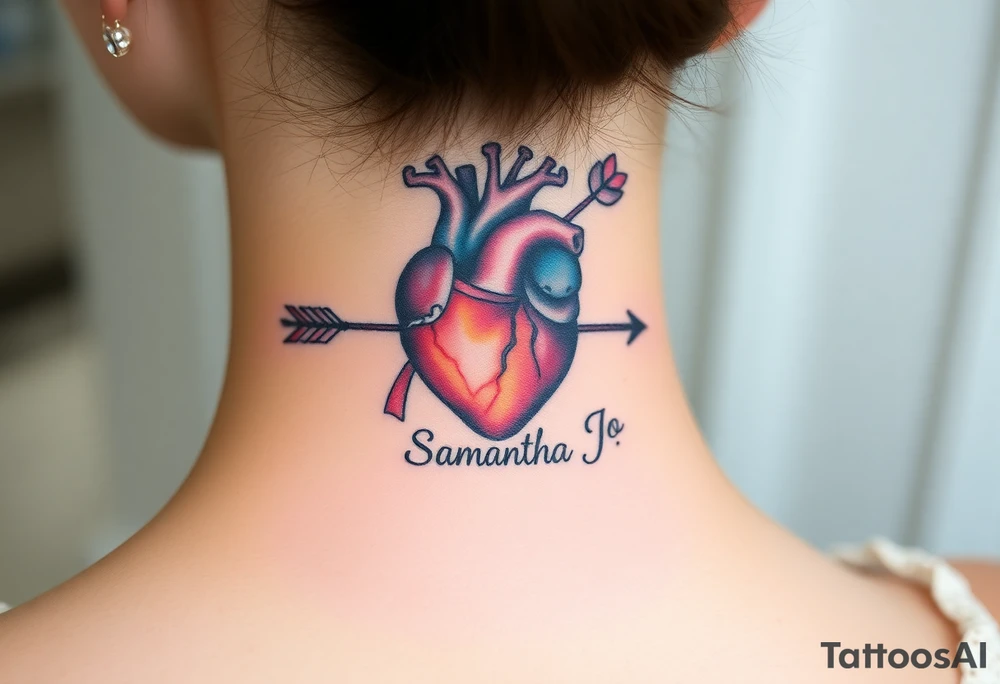 anatomical heart pierced by ornate arrow with flowing ribbons with the name Samantha Jo tattoo idea