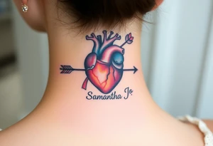 anatomical heart pierced by ornate arrow with flowing ribbons with the name Samantha Jo tattoo idea