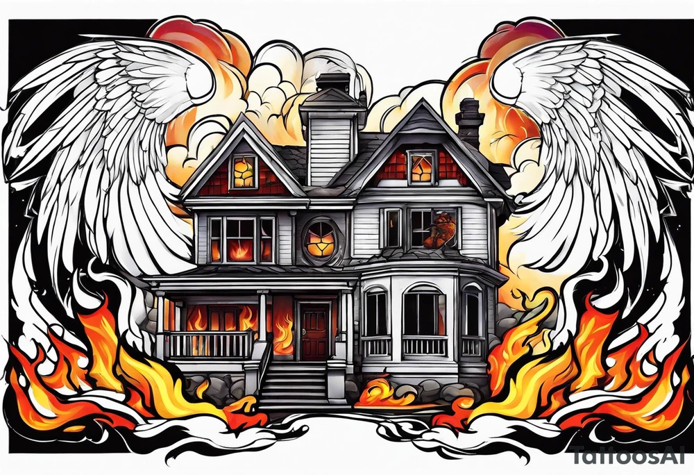 Angel flying over house fire tattoo idea