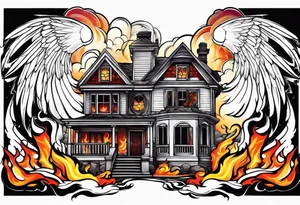 Angel flying over house fire tattoo idea