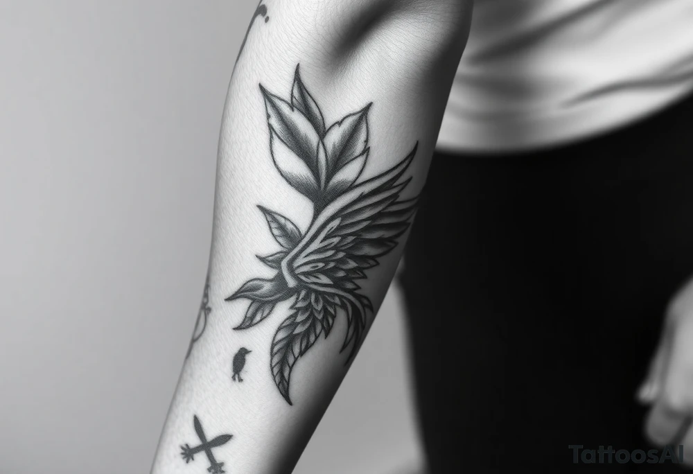Full Sleeve tattoo including details of a few jungle leave's, Puerto Rican/Taino/Filipino tribal patterns, angel wing, little bird figures, tattoo idea