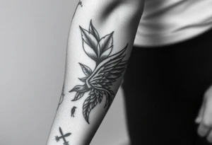 Full Sleeve tattoo including details of a few jungle leave's, Puerto Rican/Taino/Filipino tribal patterns, angel wing, little bird figures, tattoo idea