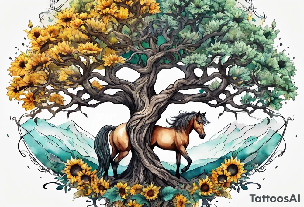 Yggdrasil tree, horse, sunflower tattoo idea
