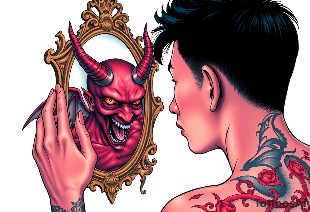 Handsome Asian young guy is looking in cursed mirror and see devil tattoo idea