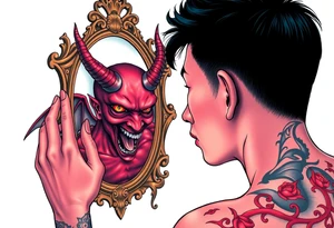 Handsome Asian young guy is looking in cursed mirror and see devil tattoo idea