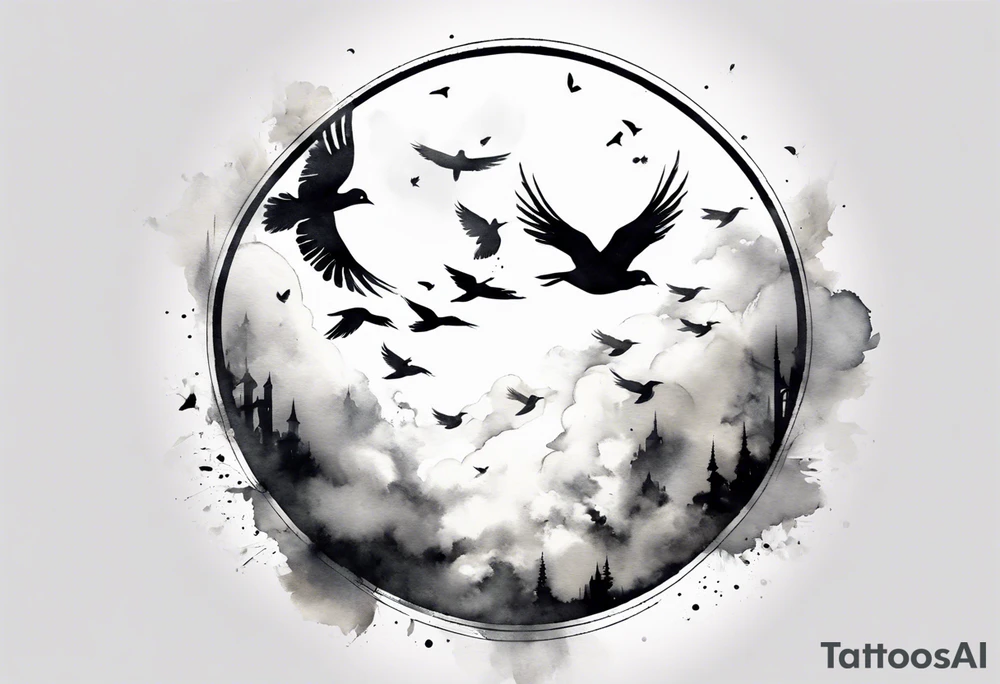 shoulder tattoo with light rays with birds flying free among the clouds, round shape, 3d effect tattoo idea