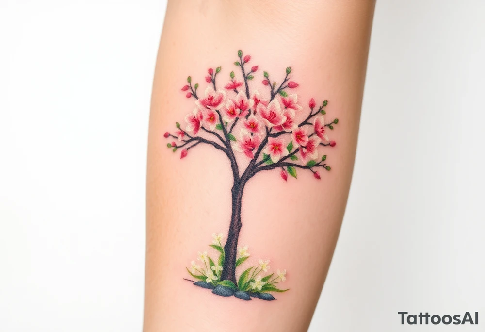 flowering hawthorn tree with white lilly of the vally plants on ground tattoo idea