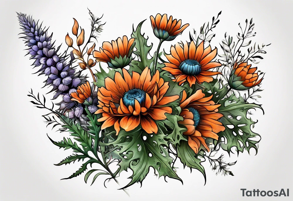 wildflower horizontal with thistles, ferns, burnt orange flowers all in color tattoo idea