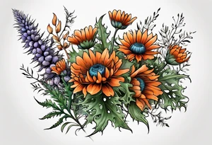 wildflower horizontal with thistles, ferns, burnt orange flowers all in color tattoo idea