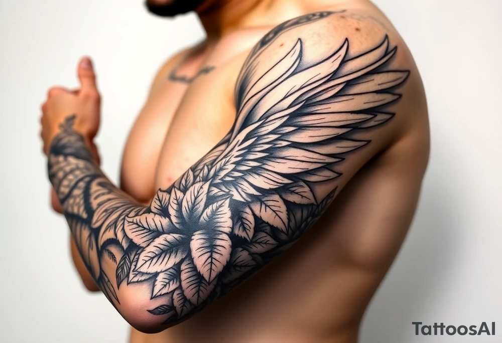 Full Sleeve tattoo including details of jungle leaves, , Puerto Rican/Taino/Filipino tribal patterns, angel wing tattoo idea