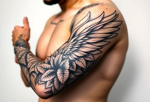 Full Sleeve tattoo including details of jungle leaves, , Puerto Rican/Taino/Filipino tribal patterns, angel wing tattoo idea