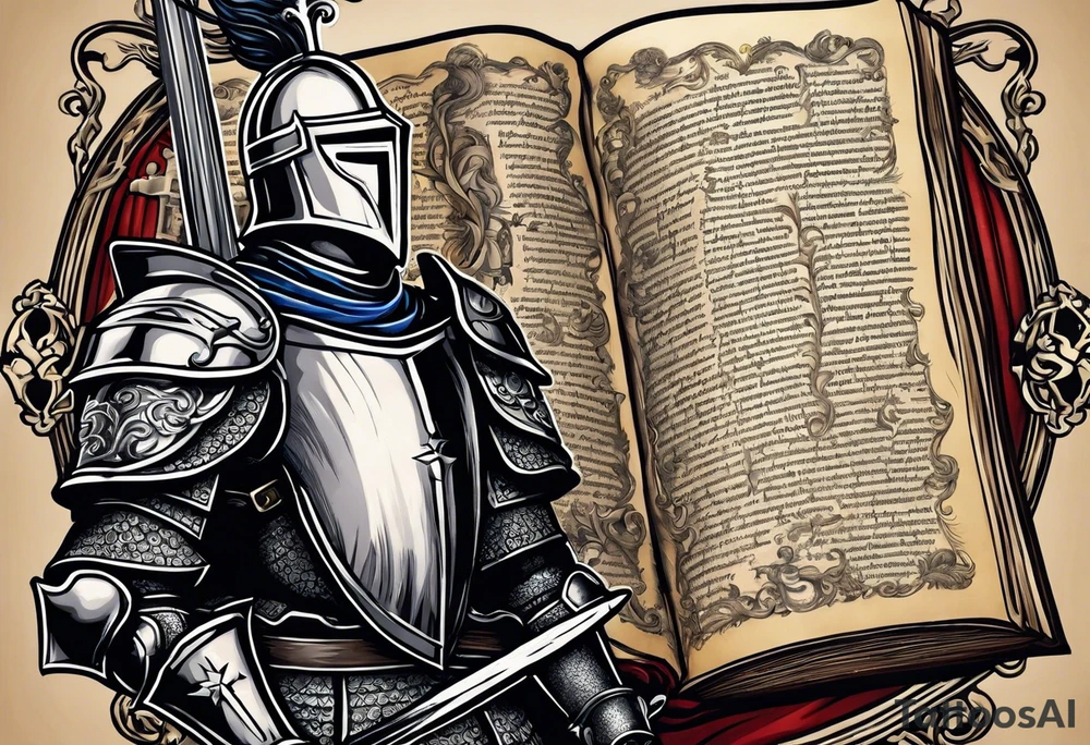 a knight pulling a sword out of an open bible tattoo idea