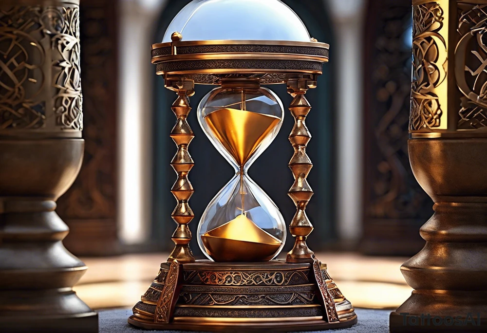 "I want a design featuring a detailed hourglass with a hand clock in the center, where the numbers on the clock are Amazigh numerals. The hourglass and clock should be intertwined with thorny roses, their vines wrapping around the glass. Additionally, planets and stars should orbit around the hourglass, blending both natural and cosmic elements. The roses' thorns should appear sharp and intricate, while the planets give a sense of movement and wonder. The design should be symbolic, representing the flow of time, the universe, and nature, all in harmony." tattoo idea