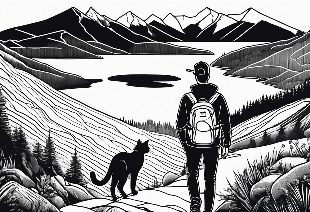 Man waking up trail with cat on side of him, Black Forest and mountains behind with lake tattoo idea