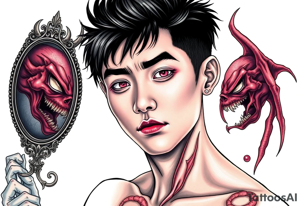 Handsome Asian young guy is looking in cursed mirror and see the evil tattoo idea