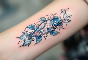 A carp with swirling water waves in an Art Nouveau style, with pastel blue and silver accents for an elegant, vintage feel tattoo idea