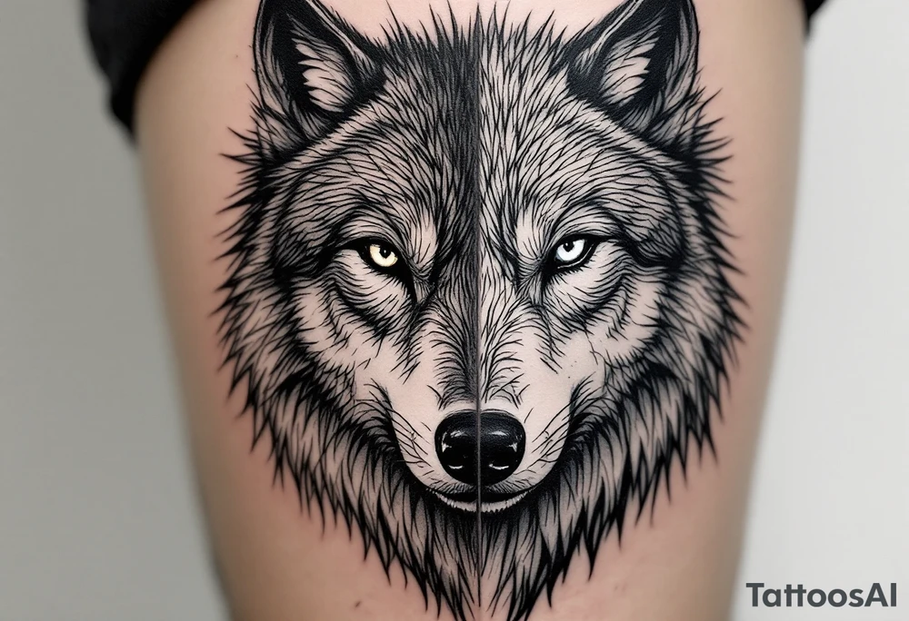 Side by side black wolf face and white wolf face tattoo idea Side by side black wolf face and white wolf face tattoo idea
