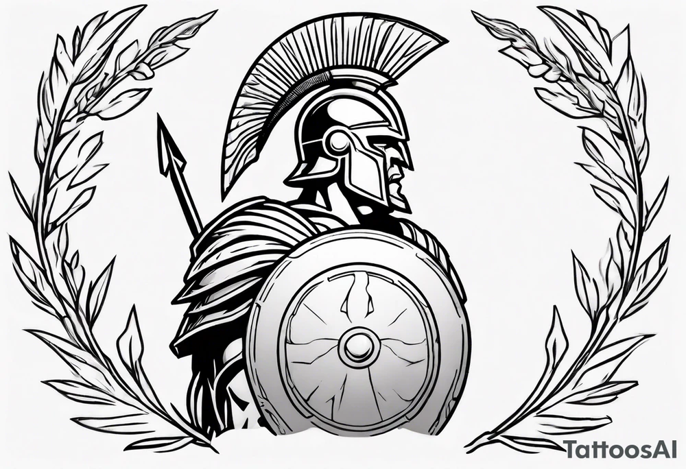 rectangular landscape format ultra-fine line linework vector of a spartan from the side, spartan spear, spartan shield, laurel wreath tattoo idea