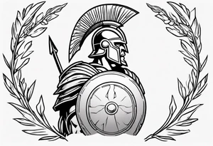 rectangular landscape format ultra-fine line linework vector of a spartan from the side, spartan spear, spartan shield, laurel wreath tattoo idea