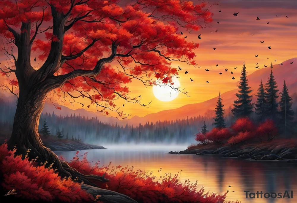 Arm tattoo. Long tattoo. Full sleeve. Shoulder. A maple tree with red autumn leaves that branches upwards. White-throated dipper bird on the trees branches. Calluna flowers at the base of the trees stem. Tree stem has dark colors. Red/yellow sunset behind the trees stem. Leaves falling. tattoo idea