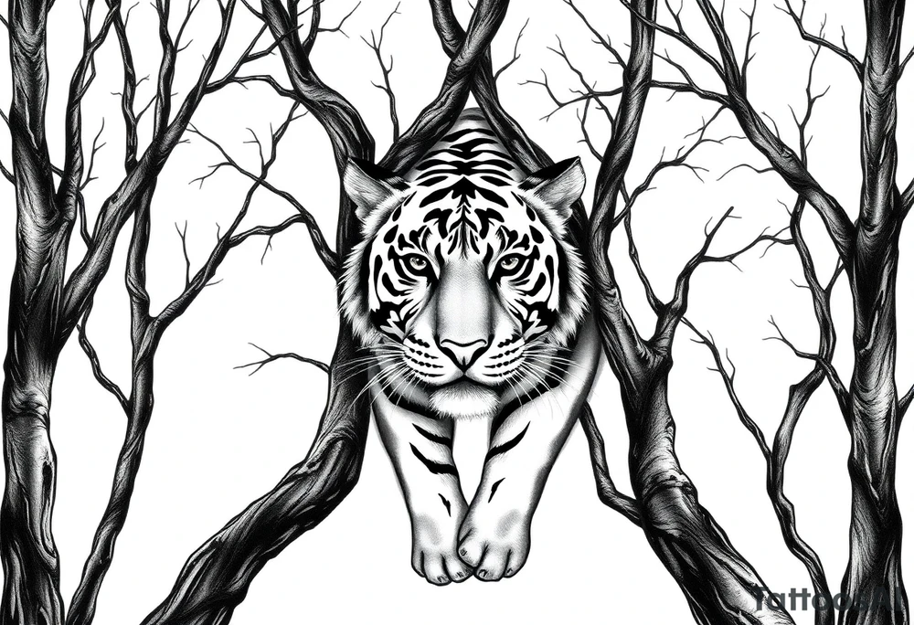In front of the intertwined trees, looming inside the woods was a tiger that was very hard to see. tattoo idea