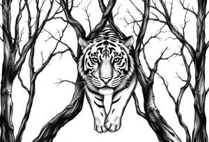 In front of the intertwined trees, looming inside the woods was a tiger that was very hard to see. tattoo idea