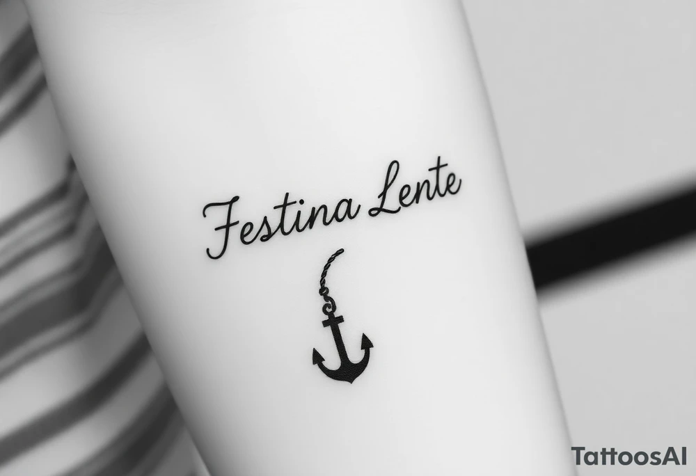 A small, minimal conceptual tattoo for the inner arm.
The phrase “Festina Lente” is not written traditionally; instead, the entire text is formed subtly from a single thin rope.
At the lower end of the rope, a small anchor is attached and appears embedded into the skin, symbolizing patience and stability.
At the opposite end, the rope is being pulled by a very small, minimal, symbolic devil silhouette representing haste.
The rope naturally twists and curves to form the letters of “Festina Lente”, so that at first glance it looks like an abstract rope composition, but upon closer inspection the text becomes readable.
Highly refined, modern calligraphic flow created by the rope itself, elegant and understated.
Black ink only, ultra-fine line work, minimal shading, strong use of negative space, contemporary 2026 tattoo style.
No traditional tattoo elements, no bold outlines, no old-school style, no decorative ornaments.
Clean, intelligent, subtle storytelling tattoo suitable for a small inner-arm placement. tattoo idea