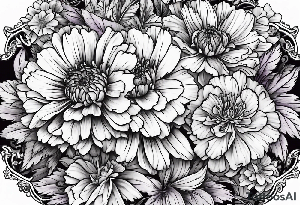 Top view flower arrangement of a carnation aster and violet tattoo idea