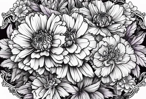 Top view flower arrangement of a carnation aster and violet tattoo idea