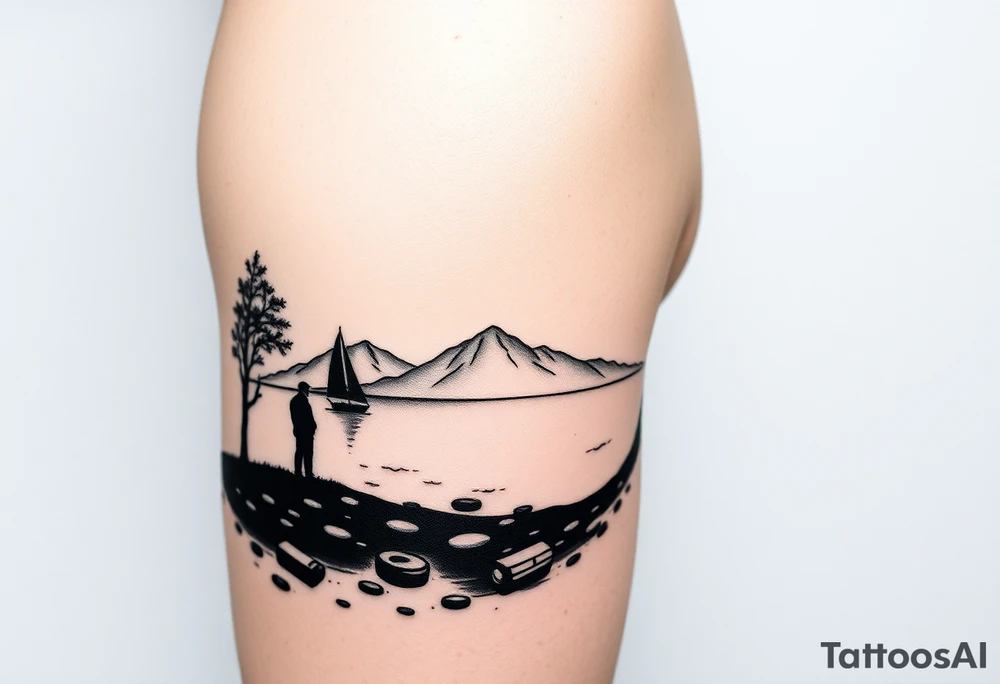 I want a minimalist design that will go on my right bicep, of a man's silhouette of a man on a shoreline, with a tree to his left, looking out at mountains in the distance, and a sailboat in the foreground.  but I want this around the arm, elbow and bicep area.  more of a wrap around on the arm please.   bottom left is okay, but less focus on the man's silhouette tattoo idea
