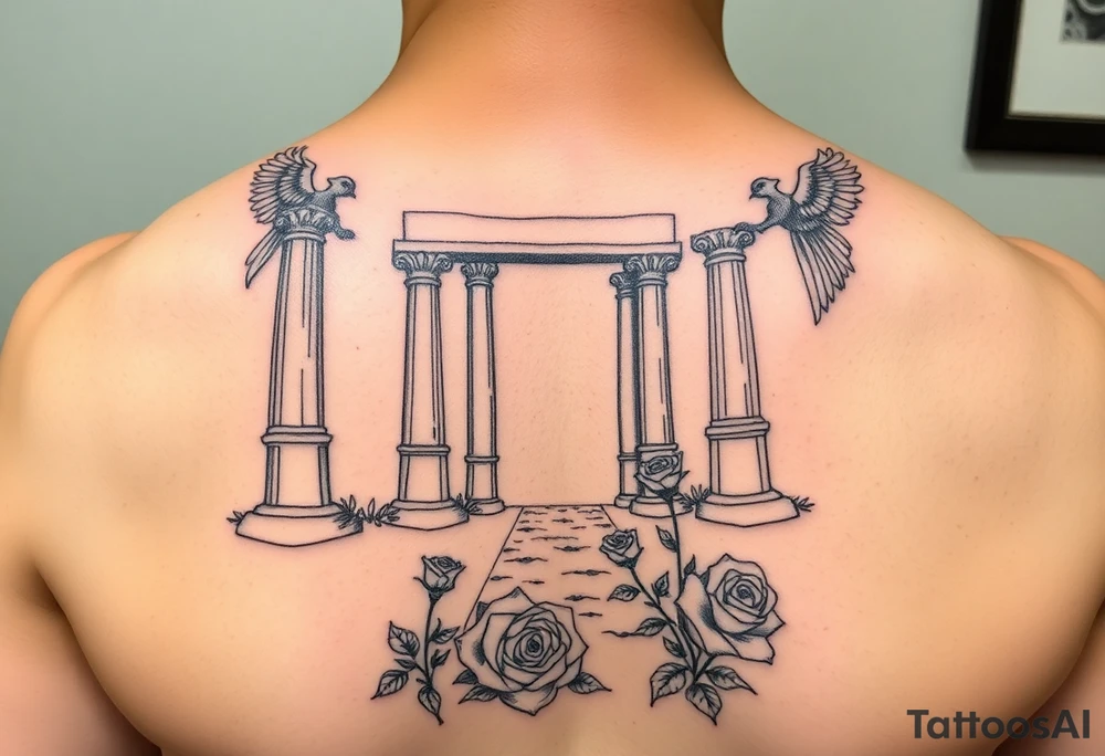 rocky  road to better on this journey on recovery, protected by a strong belief in God, failed alot, resilence is key represented by ancient temple columns and transcending gates, angels, transformation by roses growing from carpet tattoo idea