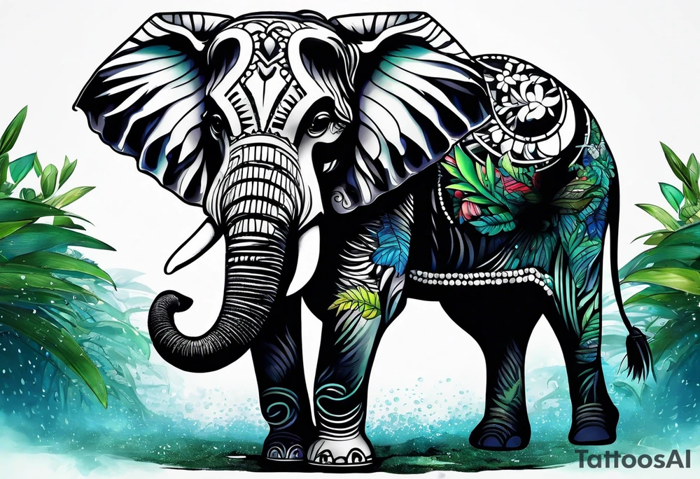 tattooed elephant in the rain forest tattoo idea
