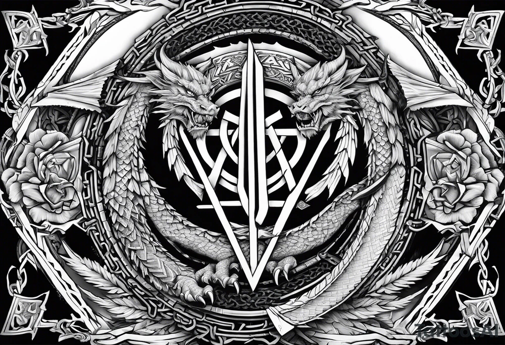 Valhalla sword shield dragon axe Valknut barbed wire chains tattoo idea
